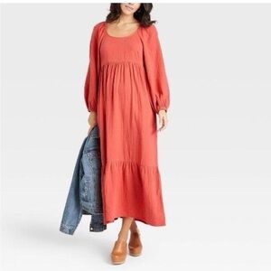 Universal Thread Cotton Gauze Dress in Coral